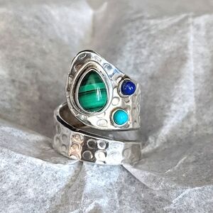 Malachite, Turquoise & Lapis .925 Silver, Adjustable Ring